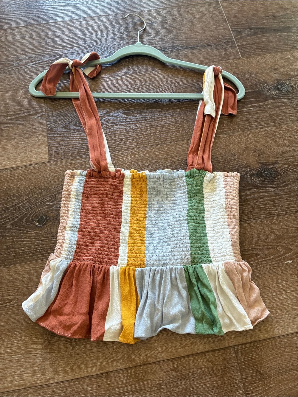 Dolan Multicolor Stripe Tie Shoulder Smocked Tank. Small. Flaw
